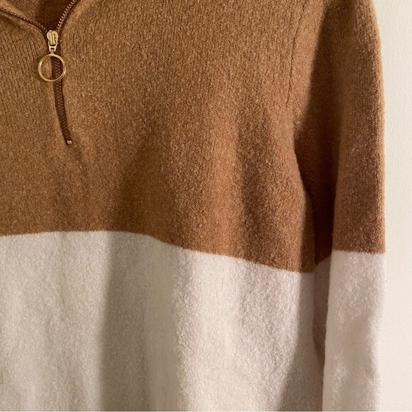 J. Crew Sweater Tan Cream Colorblock Zip-Up Soft Yarn Quarter Knit Medium Wool - Picture 3 of 7